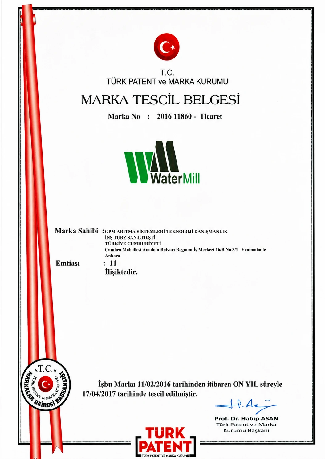 WaterMill marka tescil belgesi web önizlemesi