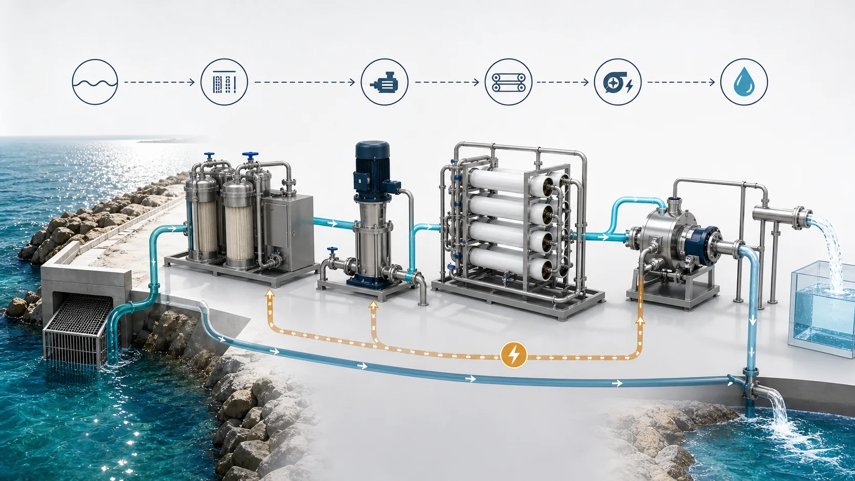 Deniz suyu alma yapısından enerji geri kazanımına uzanan arıtma aşamalarını gösteren teknik infografik