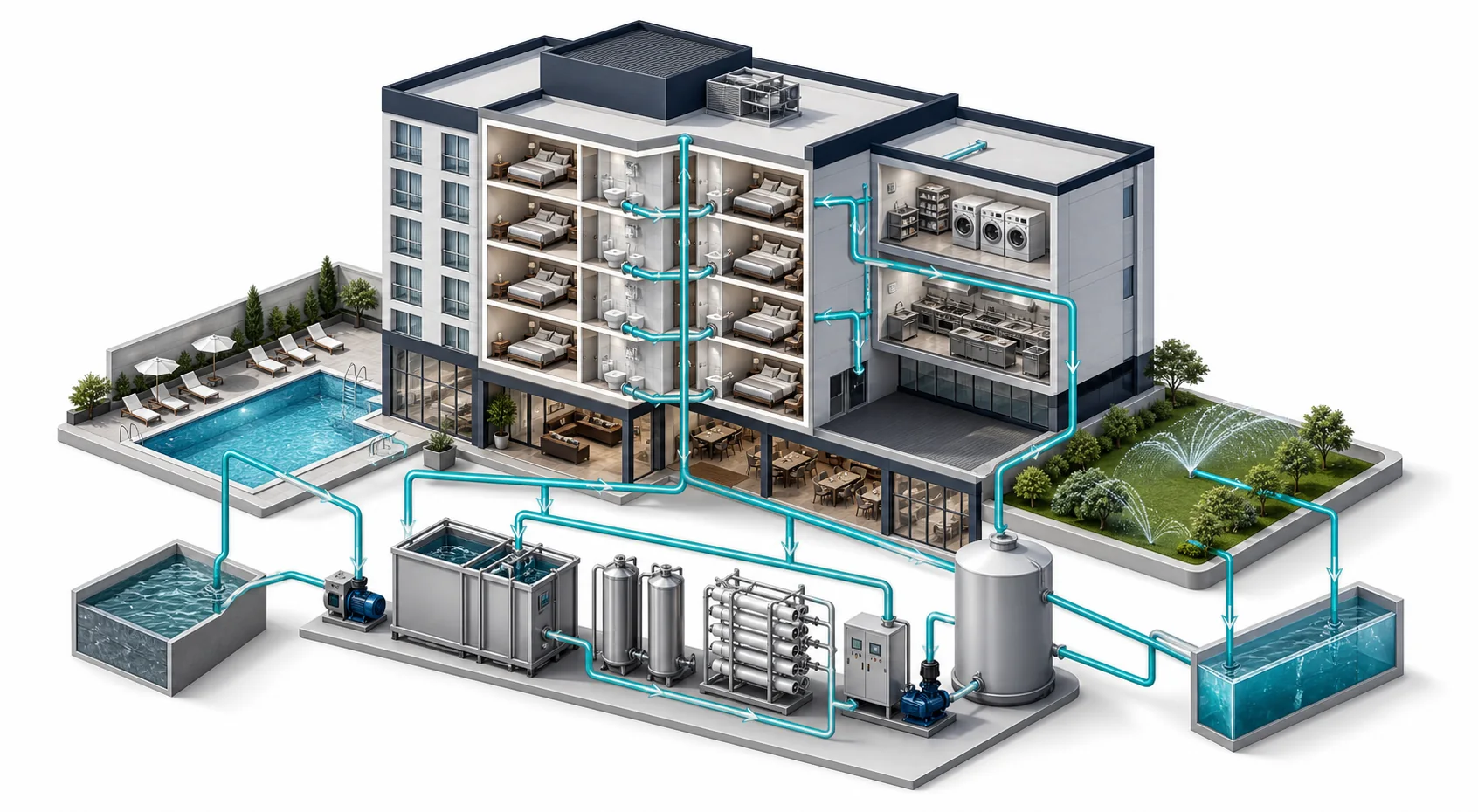 Otel içindeki farklı kullanım alanlarını ve su yönetimi akışlarını gösteren izometrik infografik