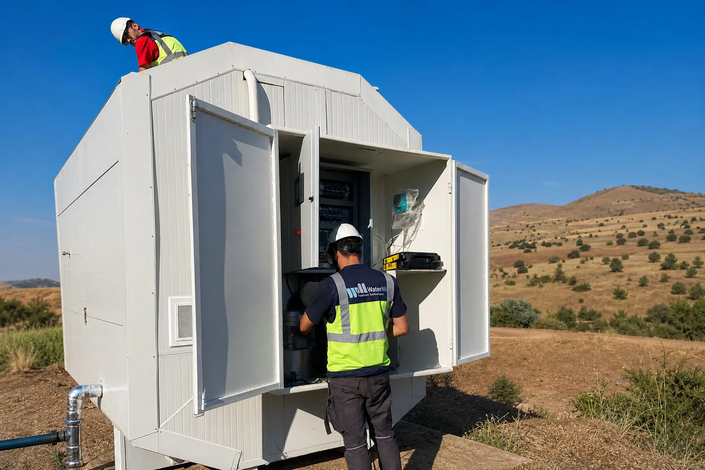 WaterMill paket arıtma ünitesinde servis erişimi ve otomasyon bölümü